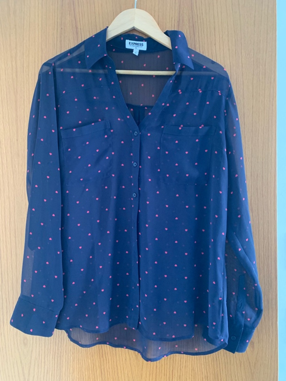Express Navy the portofino shirt Button-Up Blouse with Pink heart Print